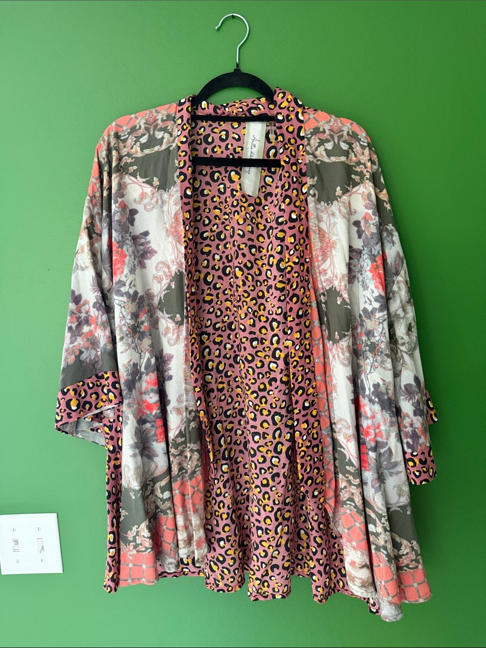 Floral & Leopard Print Open Front Kimono - Pink